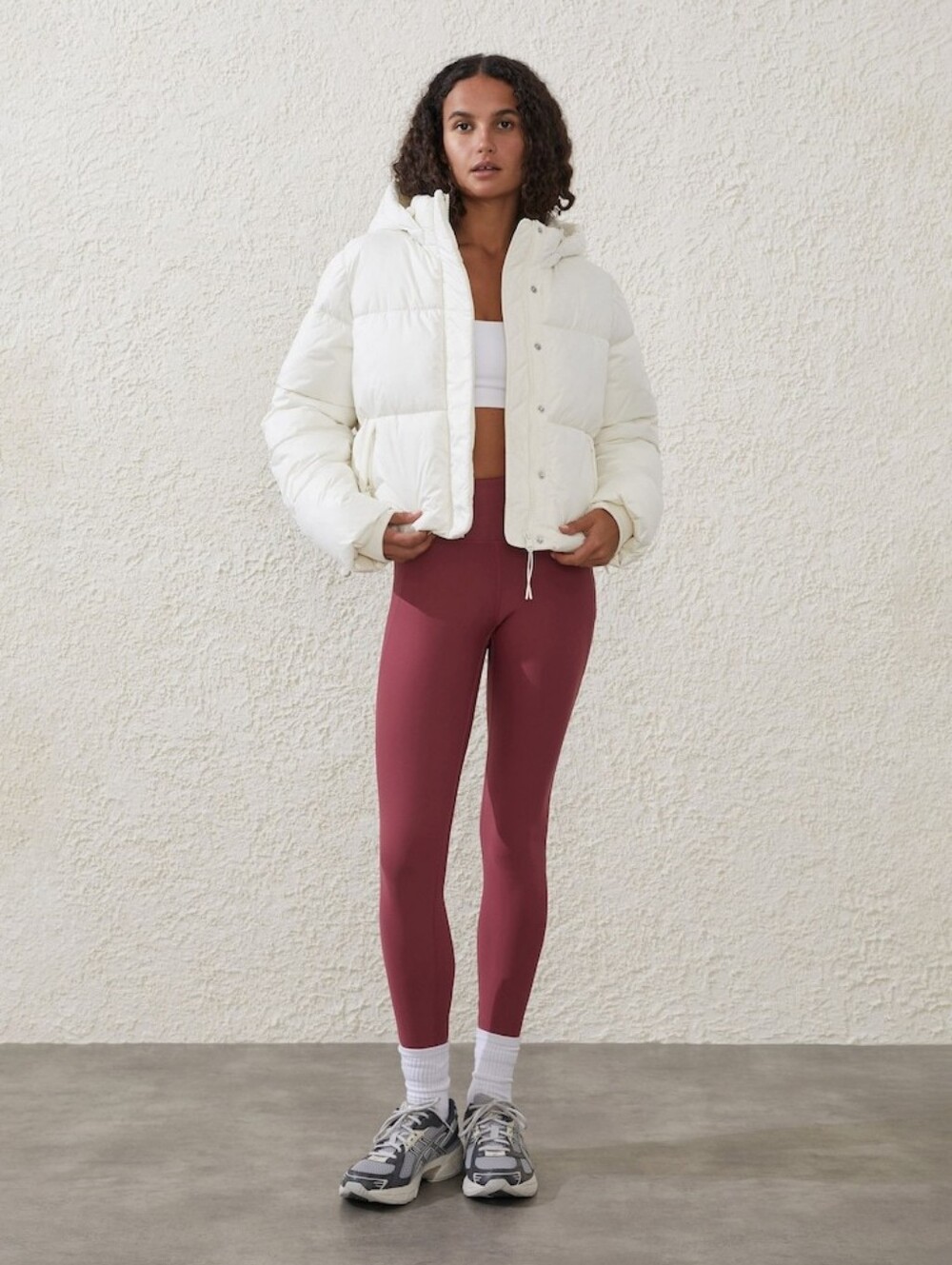 Cotton On Mother Puffer Cropped Bomber Jacket in White Cream